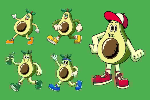 Set of Avocado Tropical Fruit Cartoon Characters in Retro Vintage Style vector