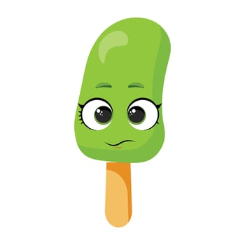 Neutral green ice cream character with straight mouth Calm frozen treat illustration Funny summer dessert graphic with unemotional face Adorable green snack with wide eyes vector