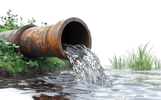 Rusty Industrial Pipe Discharging Wastewater into Polluted Stream png