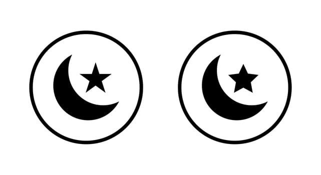 Crescent moon and star icon on circle line. Islamic badge sign symbol vector