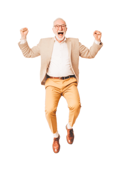 Elderly caucasian male celebrating with raised arms in joyful expression png