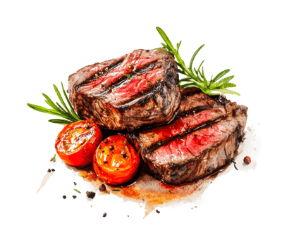 Grilled beef steaks with roast cherry tomatoes and fresh rosemary png