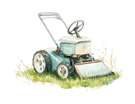 Vintage lawn mower on grass illustration depicting classic gardening equipment png