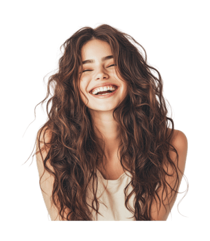 Young caucasian female with long wavy hair smiling joyfully png