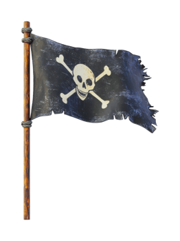 Tattered pirate flag with skull and crossbones on wooden pole png