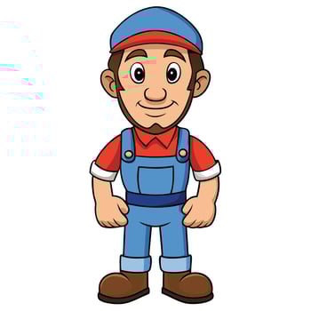 Cartoon illustration of a friendly plumber or repairman character with blue overalls vector