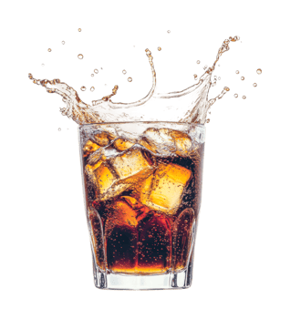 Splashing cola with ice cubes in glass png