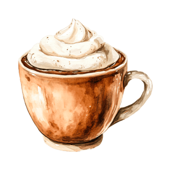 Ceramic mug with creamy cappuccino and swirls of whipped cream png