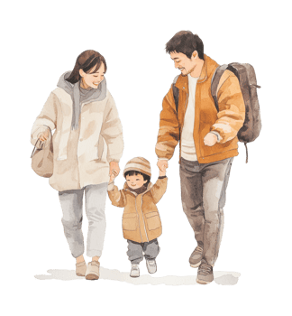 Asian family walking together holding hands in winter clothing png