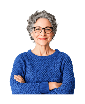 Confident mature caucasian female in blue sweater with gray hair and glasses png