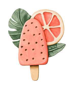 Watermelon popsicle and citrus on leaf illustration png