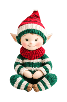 Smiling elf doll in festive knit outfit with red and green hat png