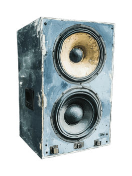 Vintage audio speaker with dual woofers and weathered look png