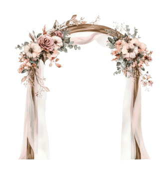 Elegant floral wedding arch with draped fabric and roses png
