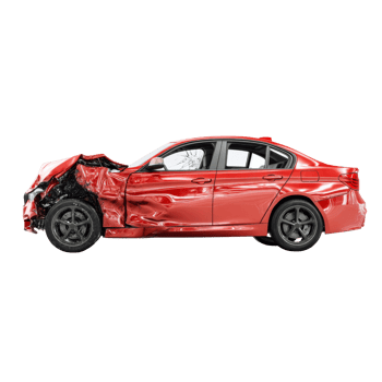 Crashed red car with damage isolated. Totaled vehicle png