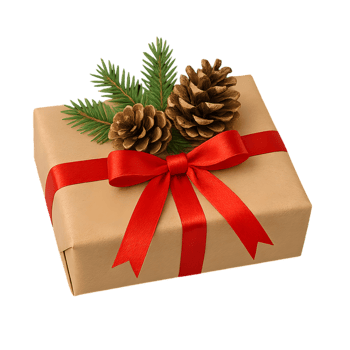 Festive gift box with pinecones and ribbon isolated object on high resolution photorealistic image png