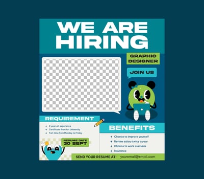 We Are Hiring Socials Media. Job offer leaflet template. Job vacancy flyer poster template design. vector