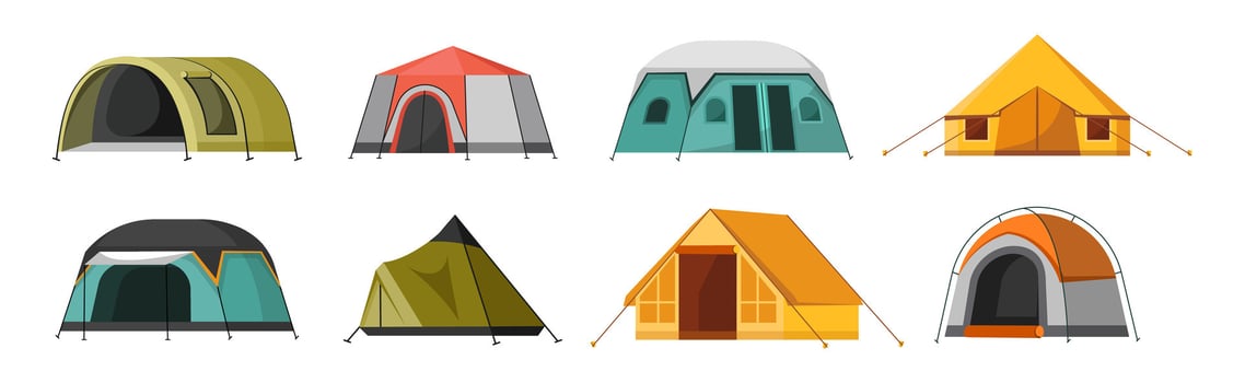 Hiking and Outdoor Tent Icon Set. Triangle and Dome Style vector