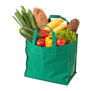 Green reusable shopping bag filled with fresh produce and bread. png