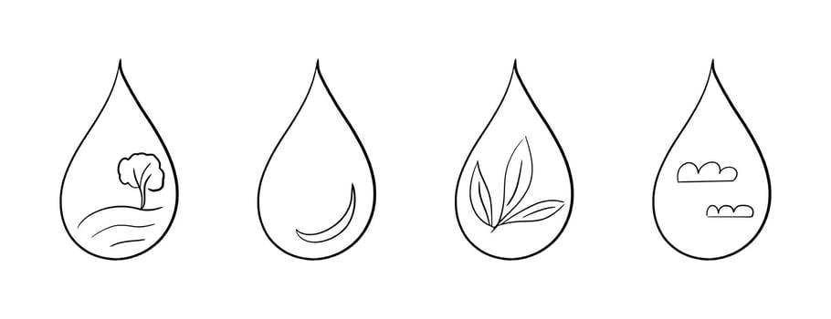 Doodle line water drop, eco hand drawn sweat tear with leaf, cloud, tree. illustration. Perfect for UI design, infographics, ecological concepts, skincare visuals, emotional expression graphics vector