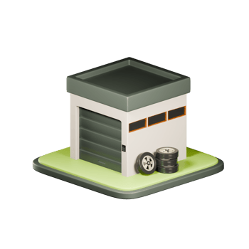 Garage box, covered parking lot or storage space, 3D illustration of garage with gate and wheels for cars isolated background png