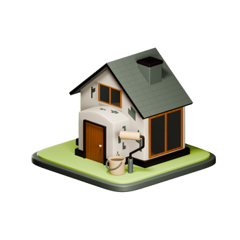Real Estate. Home renovation 3D icon. Bucket and roller next to the house. Reconstruction or restoration of a house. 3D render on isolated png