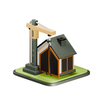 Home Construction. 3d icon of house and construction crane. Real estate 3d render on isolated background. png