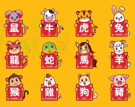 12 Chinese Zodiac Animals Illustration Set vector
