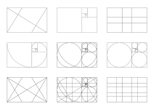 Golden section template. Golden section method of frames. Fibonacci array, number shapes. Harmony of rectangle proportions. vector