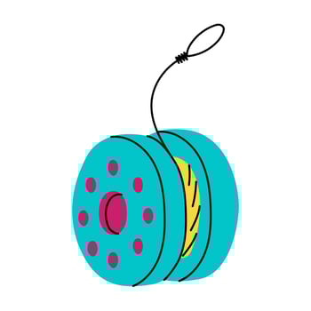 A Yo-Yo toy. Flat color retro illustration. An isolated bright object with doodle motifs. Rope toy of the 90s, 2000s toys for children. National Yo-Yo Day vector