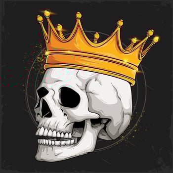 Hand drawn human skull with teeth wearing shiny golden royal crown, majestic smiling side faced human head bones isolated on black background vector