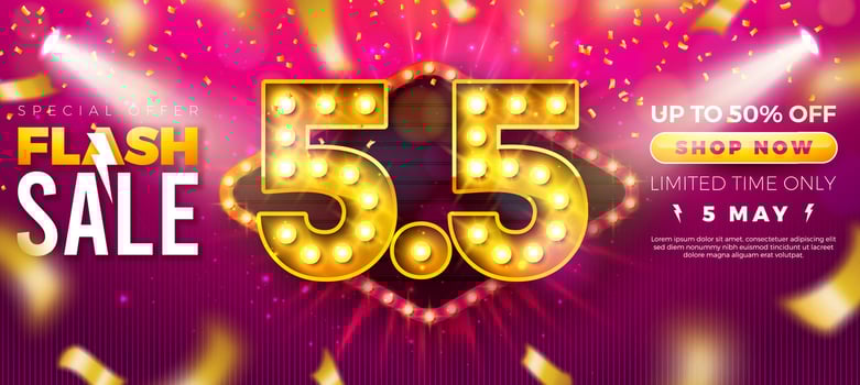 5 May Flash Sale Design with 3d 5.5 Shopping Day Light Bulb Billboard Number and Falling Confetti on Red Background. Special Offer 50 Percent Off Campaign Discount Illustration for Coupon vector