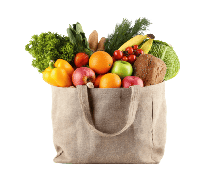 Fresh organic produce in a reusable burlap bag for healthy living png