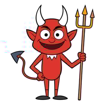 Cartoon red devil holding trident with horns and tail isolated on white vector