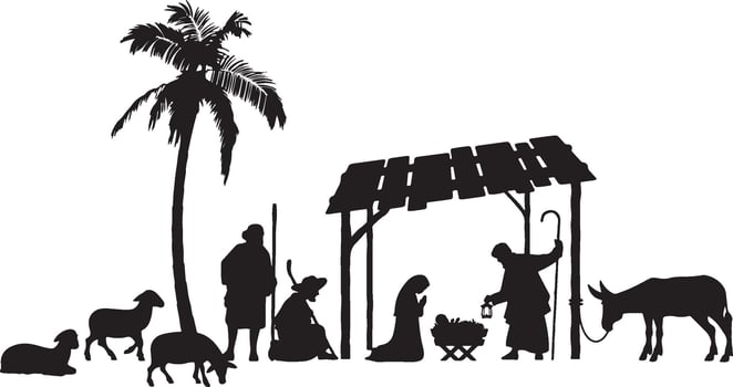 Nativity Scene Silhouette with Stable Palm Tree and Animals. vector