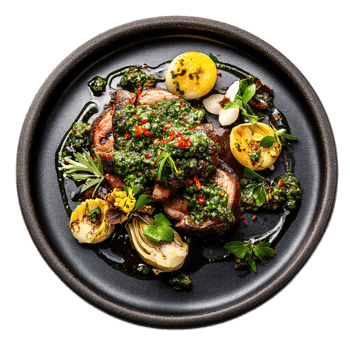 Flavorful gourmet dish featuring grilled meat, fresh herbs, and vibrant garnishes png