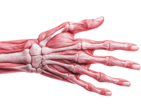 Anatomy of a human hand showcasing muscles and bones in detail png