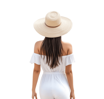 Summer vacation style inspiration with a woman in a wide-brim hat png