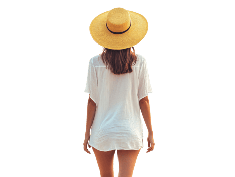 Relaxing summer stroll at the beach with sun hat for vacation joy png