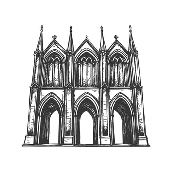 Gothic Cathedral Facade Black And White Silhouette Illustration. Architectural Heritage And Historical Design. Isolated Illustration vector