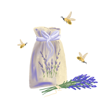 Lavender flower hand drawn aroma sachet with bow and ribbon. Country life concept, vintage rustic charm, good for print, poster, card or background. png