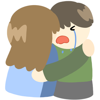 Cartoon clip art of a man crying and being comforted and hugged by a woman. png
