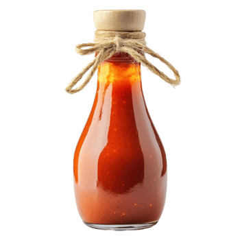 Homemade spicy chili sauce in a glass bottle with wooden lid and twine decoration png