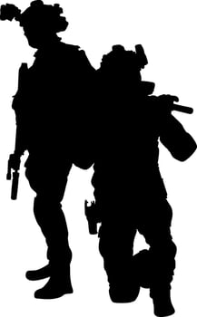 Silhouette of Two Armed Special Forces Soldiers in Tactical Gear vector