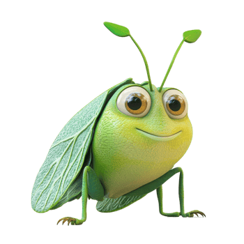 Charming green insect character in a whimsical pose against a plain background showcasing its unique design and expression png