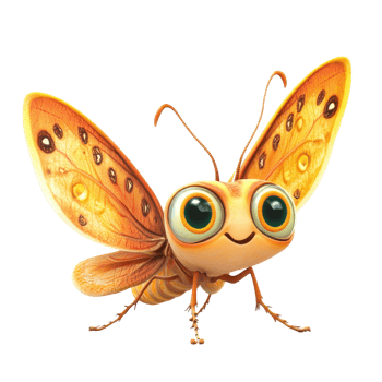 Colorful animated butterfly character with large eyes and intricate wings on a white background png