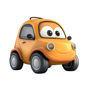 Illustration of a cheerful cartoon car character in bright orange color with large eyes and a friendly smile png