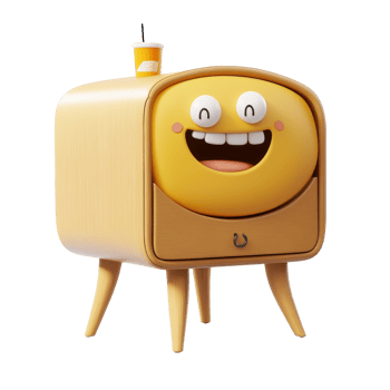 Colorful cartoon television character with a cheerful expression and a drink on top displayed in a playful setting png