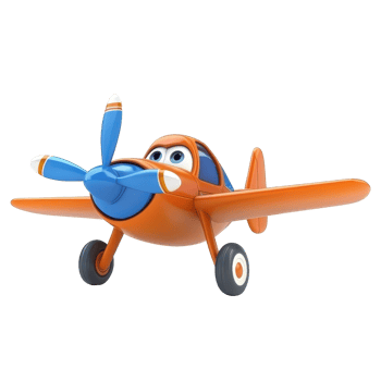 Colorful cartoon airplane flying through a bright sky with a cheerful expression png
