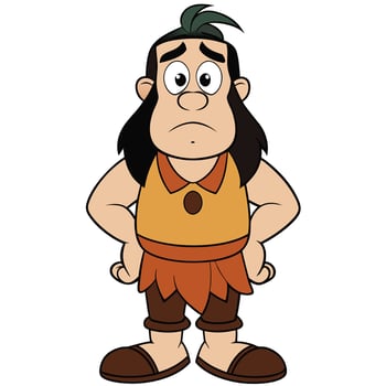 Cartoon caveman character sad and disappointed hands on hips isolated on white vector
